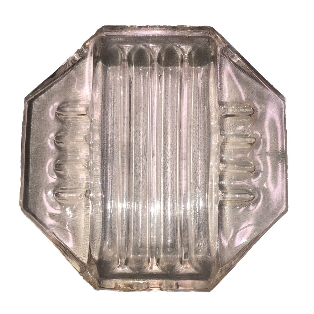 Vintage MCM Slotted Ashtray Clear Glass Octagon 5 in